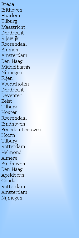 Text Box: Breda
Bilthoven
HaarlemTilburgMaastrichtDordrechtRijswijkRoosendaalEmmenAmsterdamDen HaagMiddelharnisNijmegenRijen
Voorschoten
DordrechtDeventerZeistTilburgHoutenRoosendaalEindhoven
Beneden Leeuwen
Hoorn
TilburgRotterdamHelmondAlmereEindhovenDen HaagApeldoornGoudaRotterdam
Amsterdam
Nijmegen
